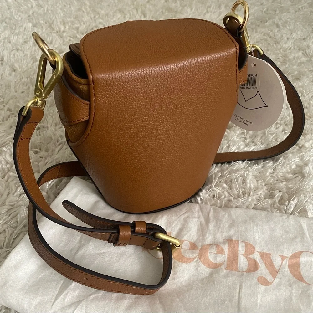 See by Chloe Joan Box Leather Bucket Crossbody Bag Caramello Tan Gold